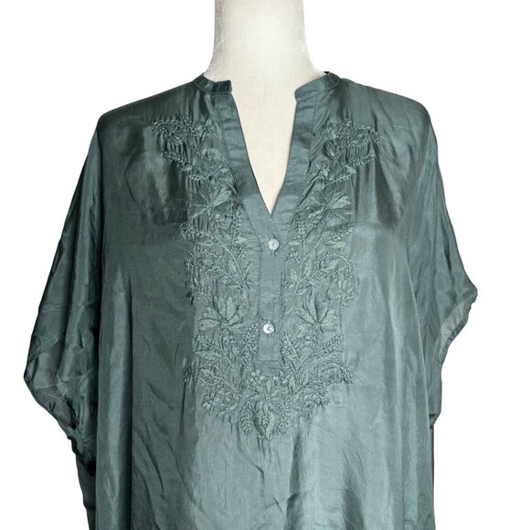 Oysho Silk Embroidered Kaftan Dress Size S Green V Neck Light Slightly Sheer NEW - Picture 2 of 10